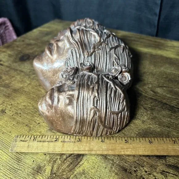 Sculptural Wall Art 3 Faces Blinded Rose Vines Hair Bronze Color Unity Entangle - Picture 10 of 11